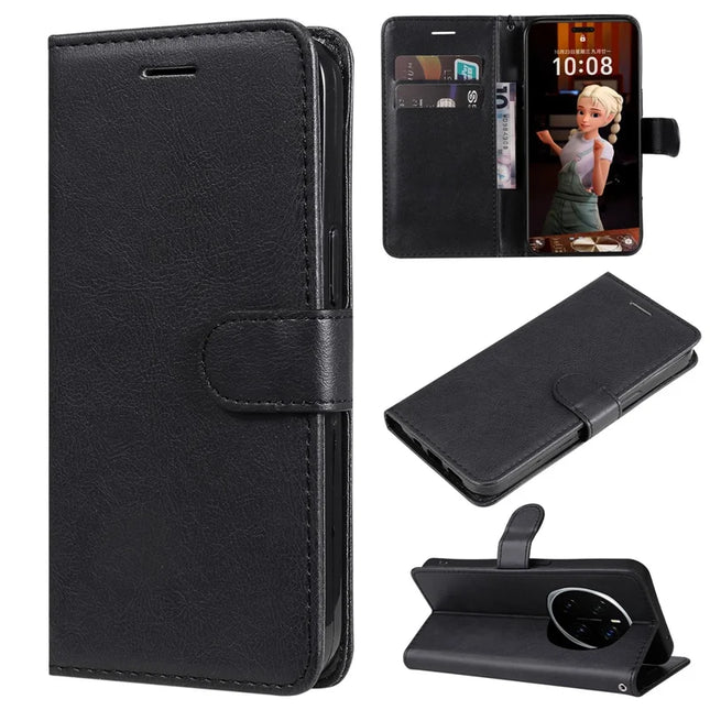 For Honor Magic7 Pro 5G Case Solid Color Leather Mobile Cover Wallet Stand with Strap - Black