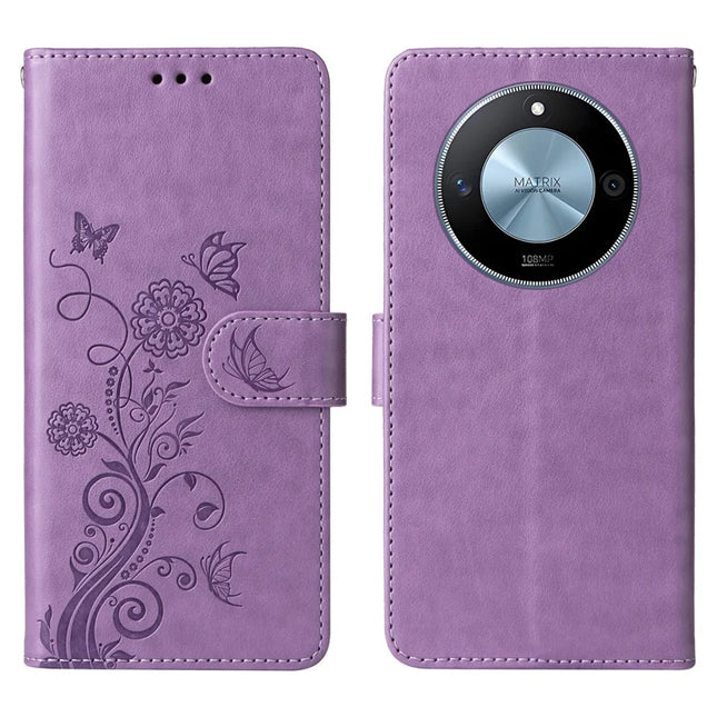 For Honor X60 5G Leather Case Butterfly Floral Imprint Wallet Stand Cover - Purple