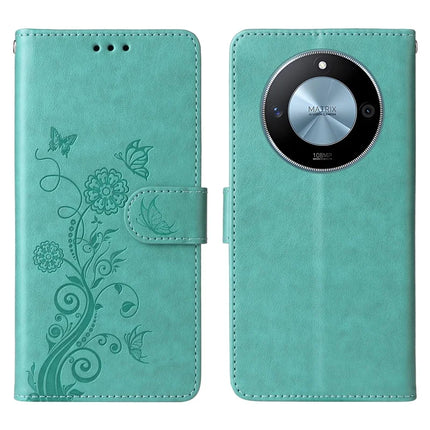 For Honor X60 5G Leather Case Butterfly Floral Imprint Wallet Stand Cover - Green