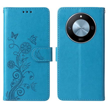 For Honor X60 5G Leather Case Butterfly Floral Imprint Wallet Stand Cover - Blue