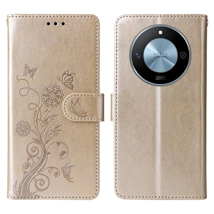 For Honor X60 5G Leather Case Butterfly Floral Imprint Wallet Stand Cover - Gold