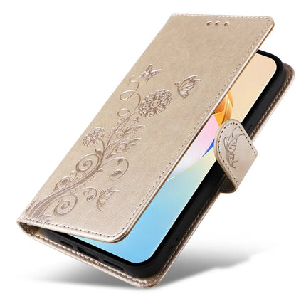For Honor X60 5G Leather Case Butterfly Floral Imprint Wallet Stand Cover