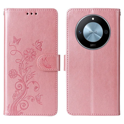 For Honor X60 5G Leather Case Butterfly Floral Imprint Wallet Stand Cover - Pink