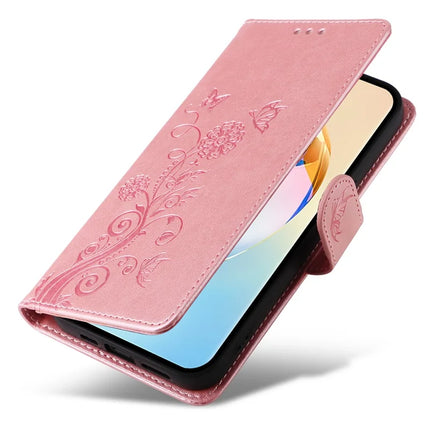 For Honor X60 5G Leather Case Butterfly Floral Imprint Wallet Stand Cover