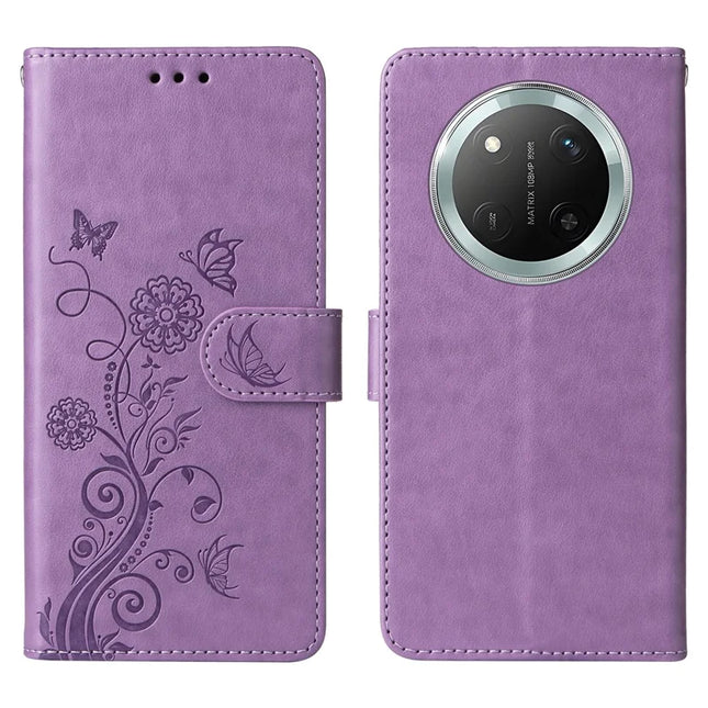 Leather Phone Case for Honor Magic7 Lite 5G / X9c 5G / X60 Pro 5G Butterfly Floral Imprint Wallet Stand Cover - Purple