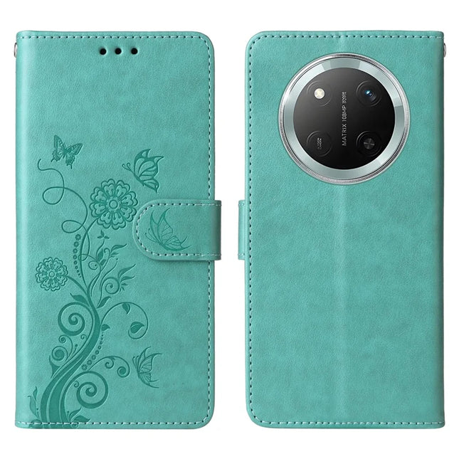 Leather Phone Case for Honor Magic7 Lite 5G / X9c 5G / X60 Pro 5G Butterfly Floral Imprint Wallet Stand Cover - Green