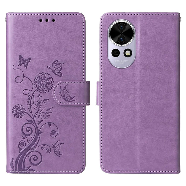For Huawei nova 13 5G / nova 12 5G Leather Case Butterfly Floral Imprint Wallet Stand Cover - Purple
