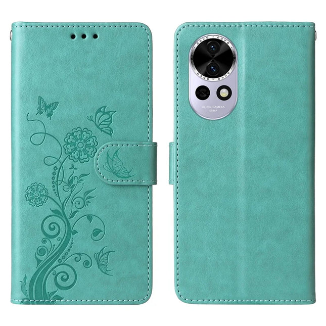 For Huawei nova 13 5G / nova 12 5G Leather Case Butterfly Floral Imprint Wallet Stand Cover - Green