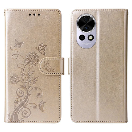 For Huawei nova 13 5G / nova 12 5G Leather Case Butterfly Floral Imprint Wallet Stand Cover - Gold