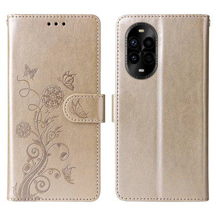 For Huawei nova 13 Pro 5G Leather Case Butterfly Floral Imprint Wallet Stand Cover - Gold