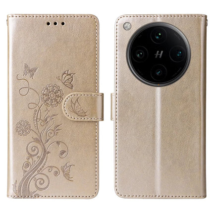For Oppo Find X8 Pro 5G Leather Case Butterfly Floral Imprint Wallet Stand Cover - Gold
