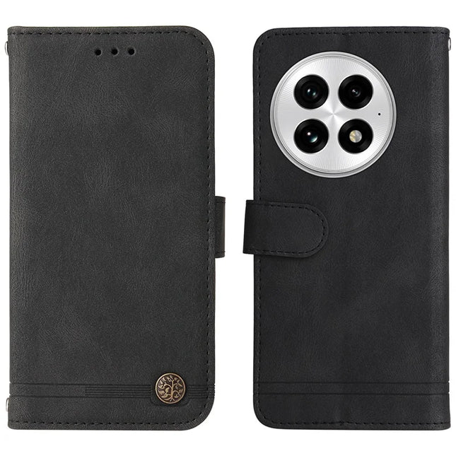 For OnePlus 13 Wallet Case Skin Touch Leather Phone Cover Tree Pattern Hardware - Black