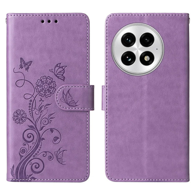 For OnePlus 13 Leather Case Butterfly Floral Imprint Wallet Stand Cover - Purple