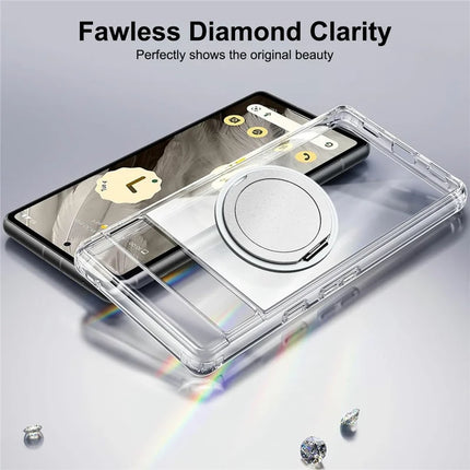 For Google Pixel 7a Magnetic Case Rotary Kickstand TPU PC Clear Phone Back Cover