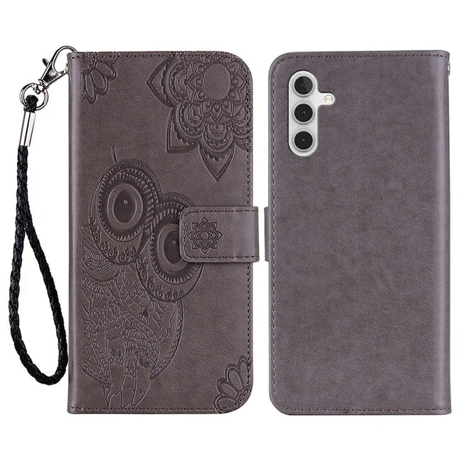 For Samsung Galaxy A26 5G Case Owl Flower Imprinted Leather Cover Wallet with Strap - Grey