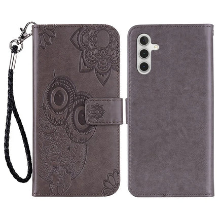 For Samsung Galaxy A36 5G Case Owl Flower Imprinted Leather Cover Wallet with Strap - Grey