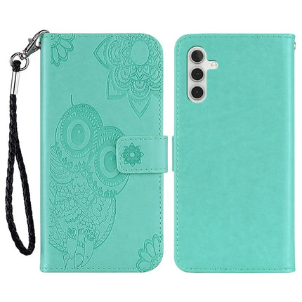 For Samsung Galaxy A36 5G Case Owl Flower Imprinted Leather Cover Wallet with Strap - Cyan