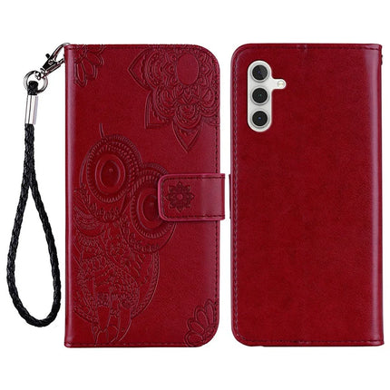 For Samsung Galaxy A36 5G Case Owl Flower Imprinted Leather Cover Wallet with Strap - Red