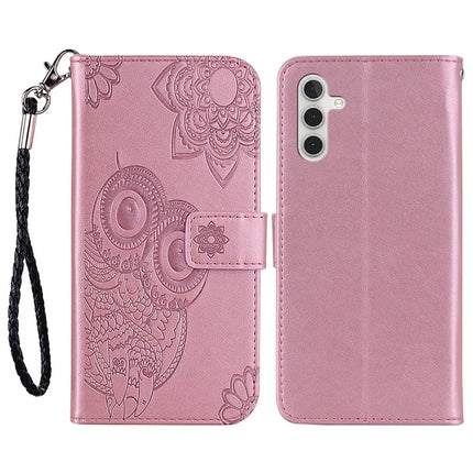For Samsung Galaxy A36 5G Case Owl Flower Imprinted Leather Cover Wallet with Strap - Rose Gold