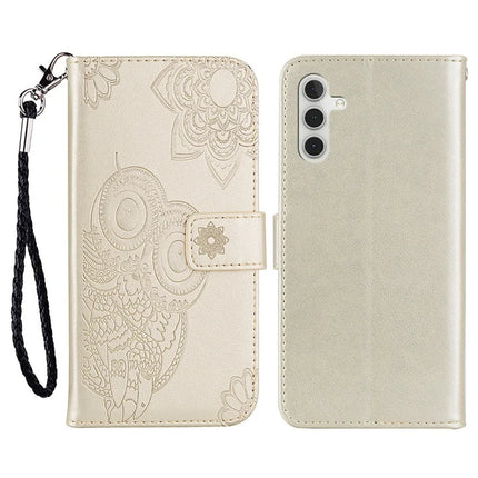 For Samsung Galaxy A36 5G Case Owl Flower Imprinted Leather Cover Wallet with Strap - Gold