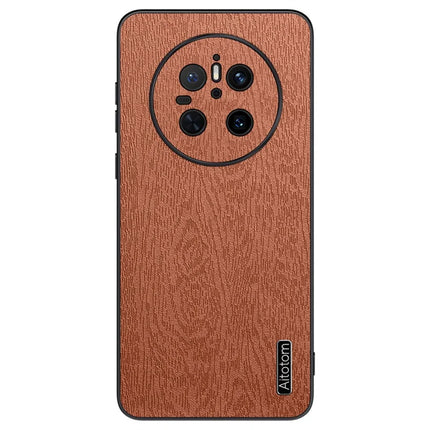 For Huawei Mate 70 Case Wood Texture PU Leather Coated PC TPU Phone Cover - Brown