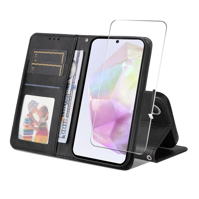 For Samsung Galaxy A56 5G / Galaxy A36 5G PU Leather Wallet Case ENKAY Phone Stand Cover with Tempered Glass Film - Black