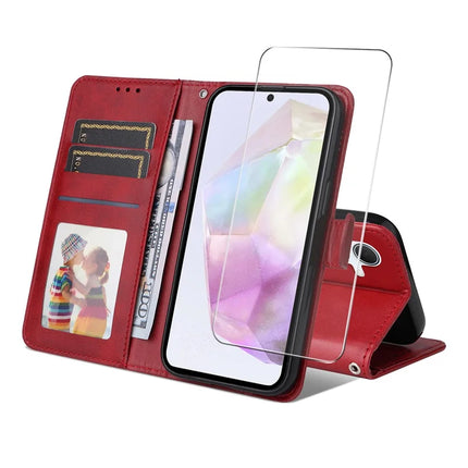 For Samsung Galaxy A56 5G / Galaxy A36 5G PU Leather Wallet Case ENKAY Phone Stand Cover with Tempered Glass Film - Red