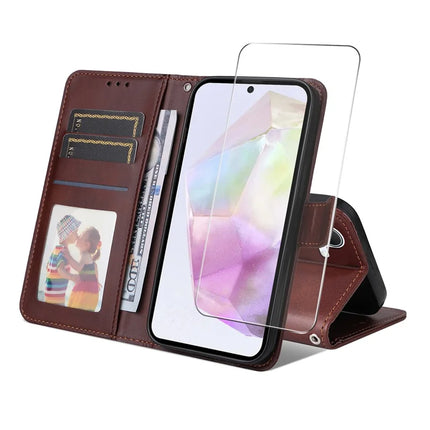 For Samsung Galaxy A56 5G / Galaxy A36 5G PU Leather Wallet Case ENKAY Phone Stand Cover with Tempered Glass Film - Brown
