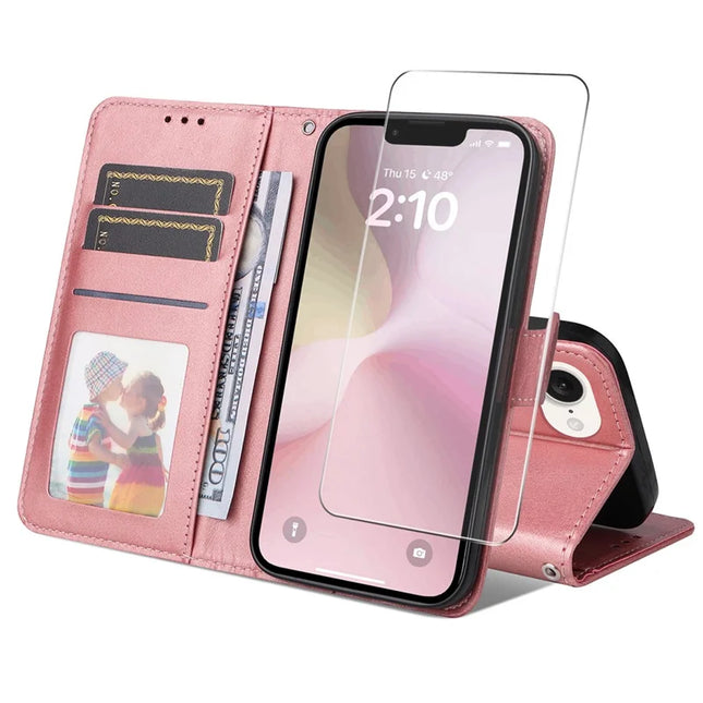 For iPhone 16e PU Leather Wallet Case ENKAY Phone Stand Cover with Tempered Glass Film - Pink