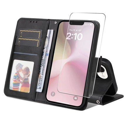 For iPhone 16e PU Leather Wallet Case ENKAY Phone Stand Cover with Tempered Glass Film - Black