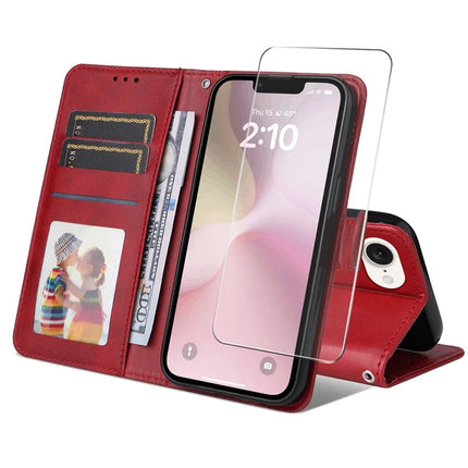 For iPhone 16e PU Leather Wallet Case ENKAY Phone Stand Cover with Tempered Glass Film - Red