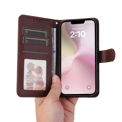 For iPhone 16e PU Leather Wallet Case ENKAY Phone Stand Cover with Tempered Glass Film