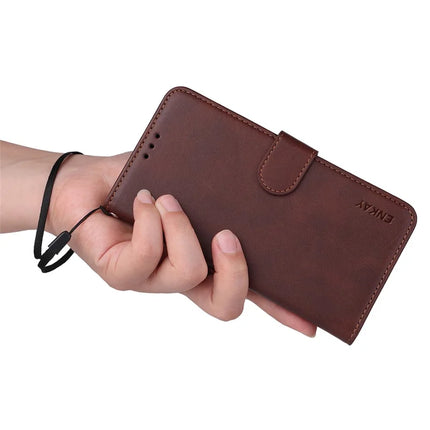 For iPhone 16e PU Leather Wallet Case ENKAY Phone Stand Cover with Tempered Glass Film