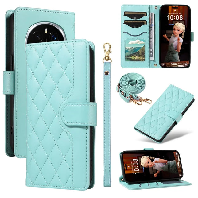 For Honor Magic7 Pro 5G Wallet Case Rhombus Leather Phone Cover with Strap - Green