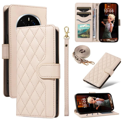 For Honor Magic7 Pro 5G Wallet Case Rhombus Leather Phone Cover with Strap - Apricot