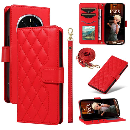 For Honor Magic7 Pro 5G Wallet Case Rhombus Leather Phone Cover with Strap -  Red