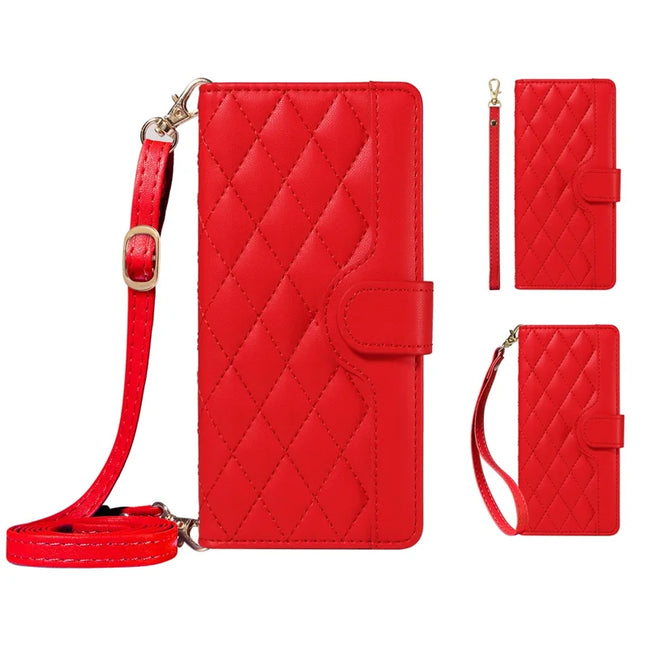 For Honor Magic7 Pro 5G Wallet Case Rhombus Leather Phone Cover with Strap -  Red