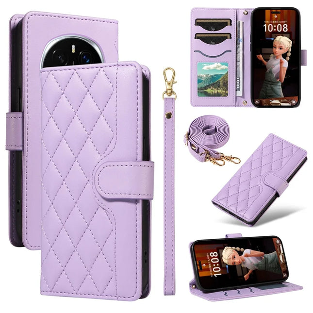 For Honor Magic7 Pro 5G Wallet Case Rhombus Leather Phone Cover with Strap -  Light Purple