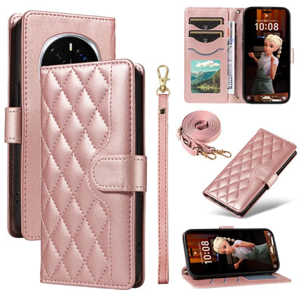 For Honor Magic7 Pro 5G Wallet Case Rhombus Leather Phone Cover with Strap -  Rose Gold