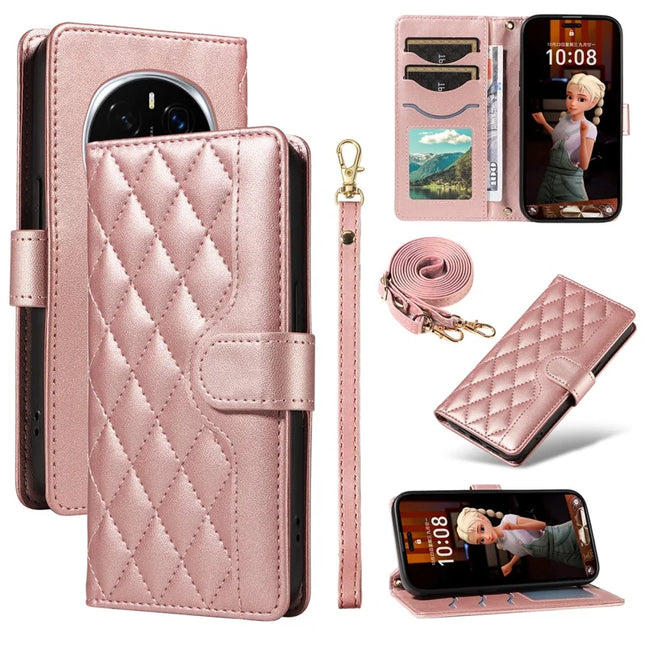 For Honor Magic7 Pro 5G Wallet Case Rhombus Leather Phone Cover with Strap -  Rose Gold