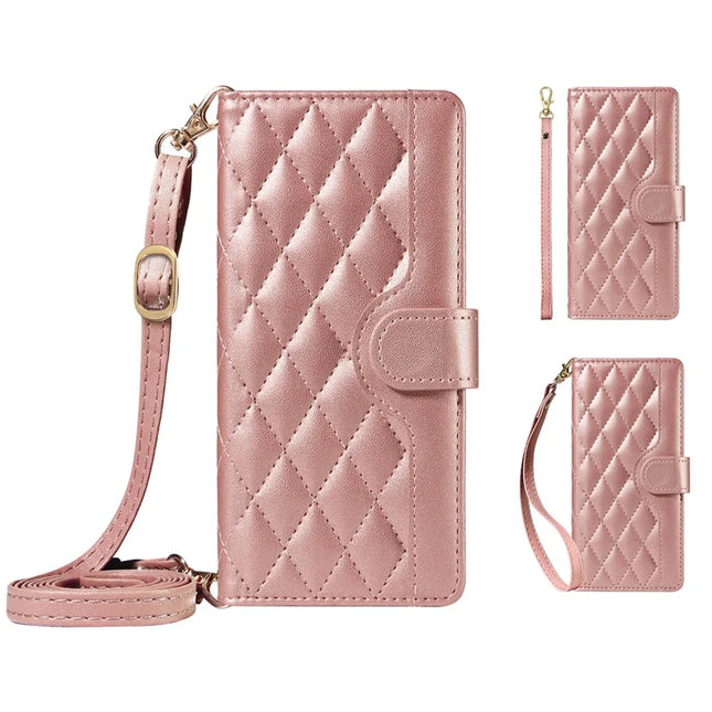 For Honor Magic7 Pro 5G Wallet Case Rhombus Leather Phone Cover with Strap -  Rose Gold