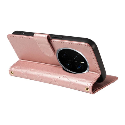 For Honor Magic7 Pro 5G Wallet Case Rhombus Leather Phone Cover with Strap -  Rose Gold
