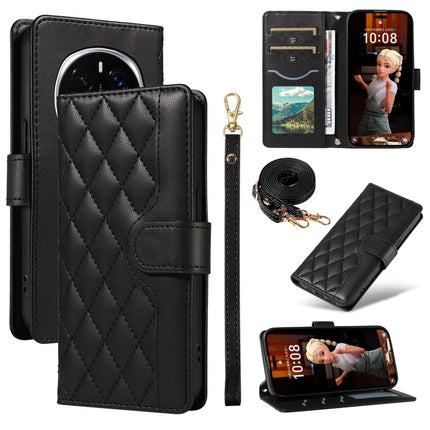For Honor Magic7 Pro 5G Wallet Case Rhombus Leather Phone Cover with Strap - Black