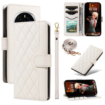 For Honor Magic7 Pro 5G Wallet Case Rhombus Leather Phone Cover with Strap - White