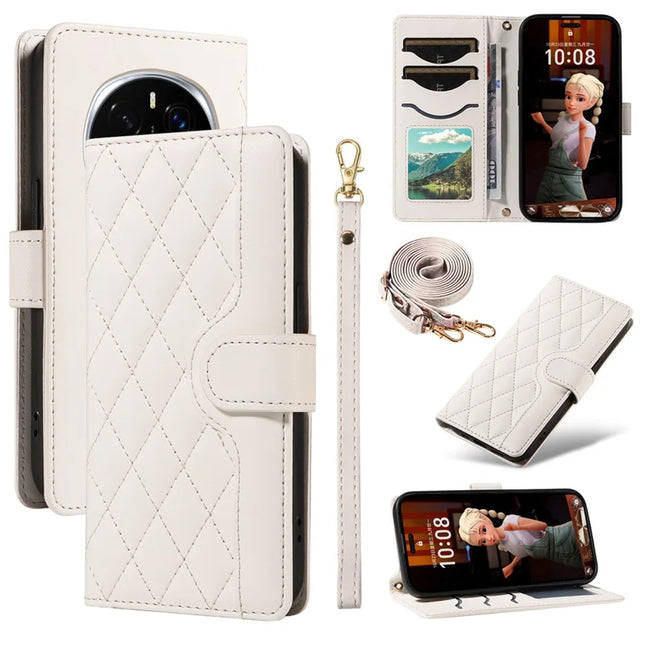 For Honor Magic7 Pro 5G Wallet Case Rhombus Leather Phone Cover with Strap - White