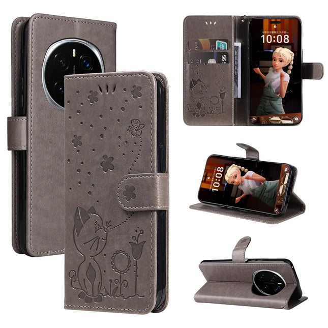 For Honor Magic7 Pro 5G Leather Wallet Case Cat Bee Pattern Phone Cover Stand - Grey