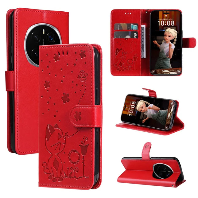 For Honor Magic7 Pro 5G Leather Wallet Case Cat Bee Pattern Phone Cover Stand - Red