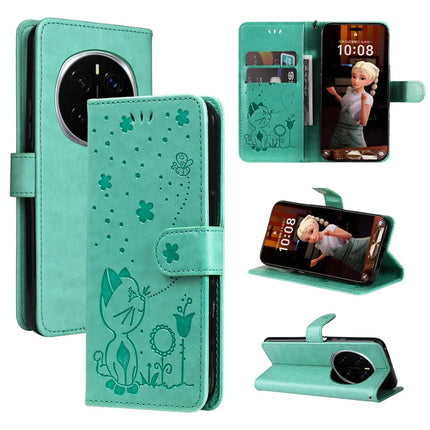 For Honor Magic7 Pro 5G Leather Wallet Case Cat Bee Pattern Phone Cover Stand - Green