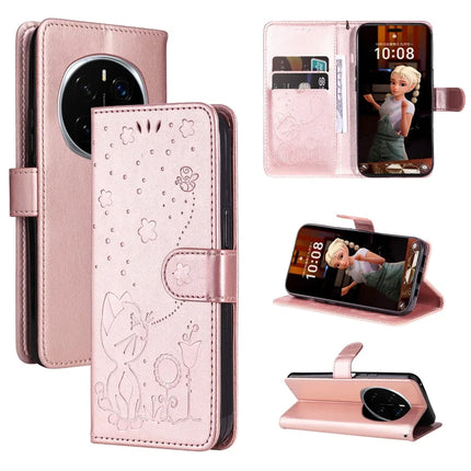 For Honor Magic7 Pro 5G Leather Wallet Case Cat Bee Pattern Phone Cover Stand - Rose Gold