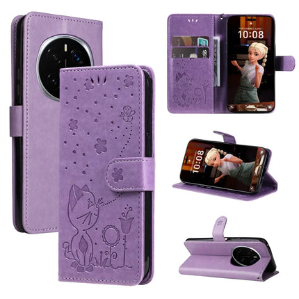 For Honor Magic7 Pro 5G Leather Wallet Case Cat Bee Pattern Phone Cover Stand - Purple